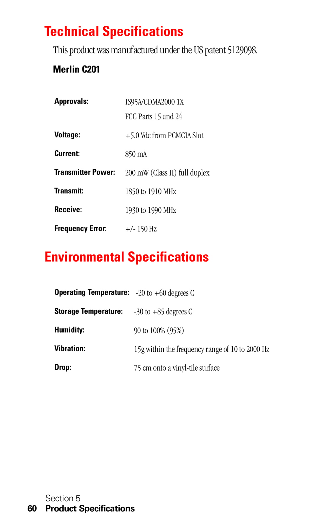 Sprint Nextel C201 manual Technical Specifications, Environmental Specifications 