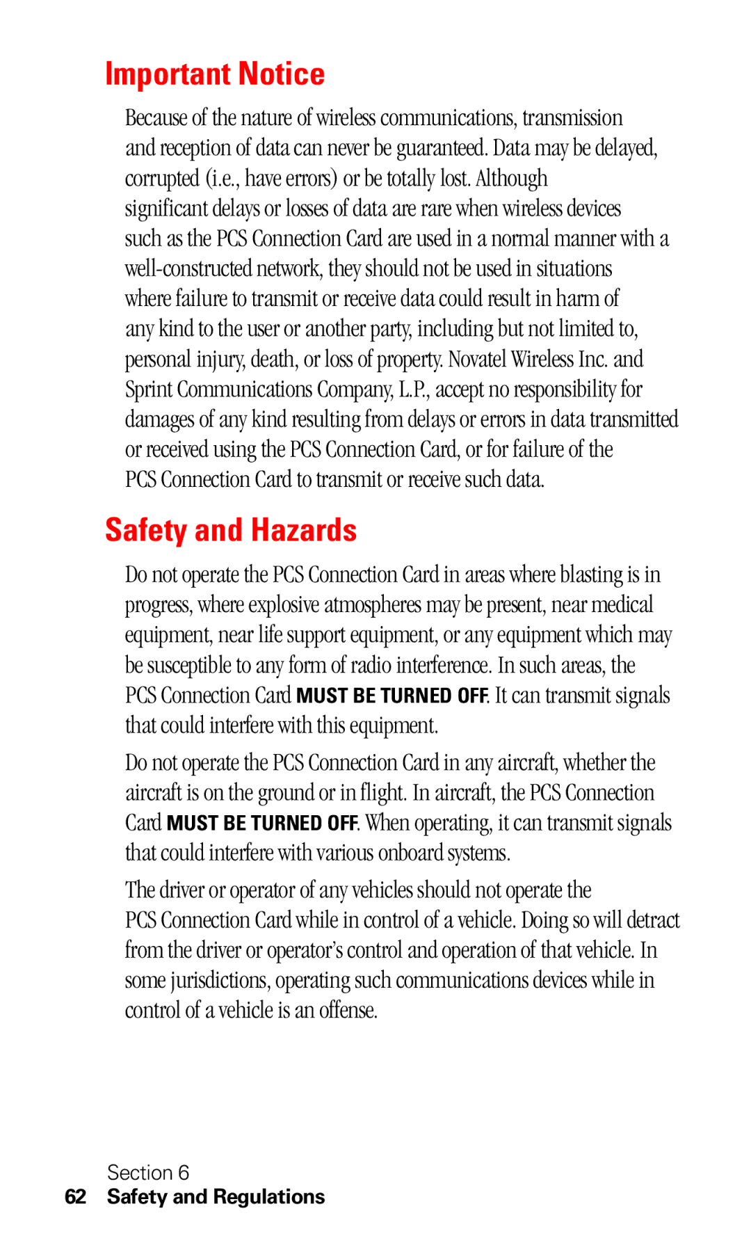 Sprint Nextel C201 manual Important Notice, Safety and Hazards, PCS Connection Card to transmit or receive such data 