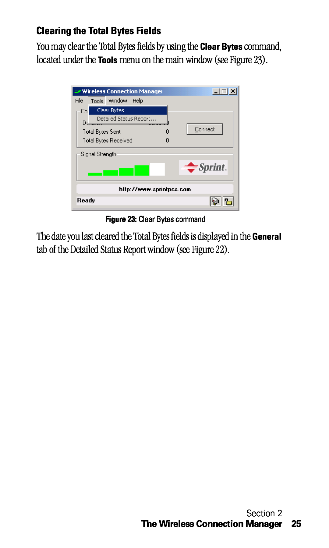 Sprint Nextel C201 manual Clearing the Total Bytes Fields, Section, The Wireless Connection Manager, Clear Bytes command 