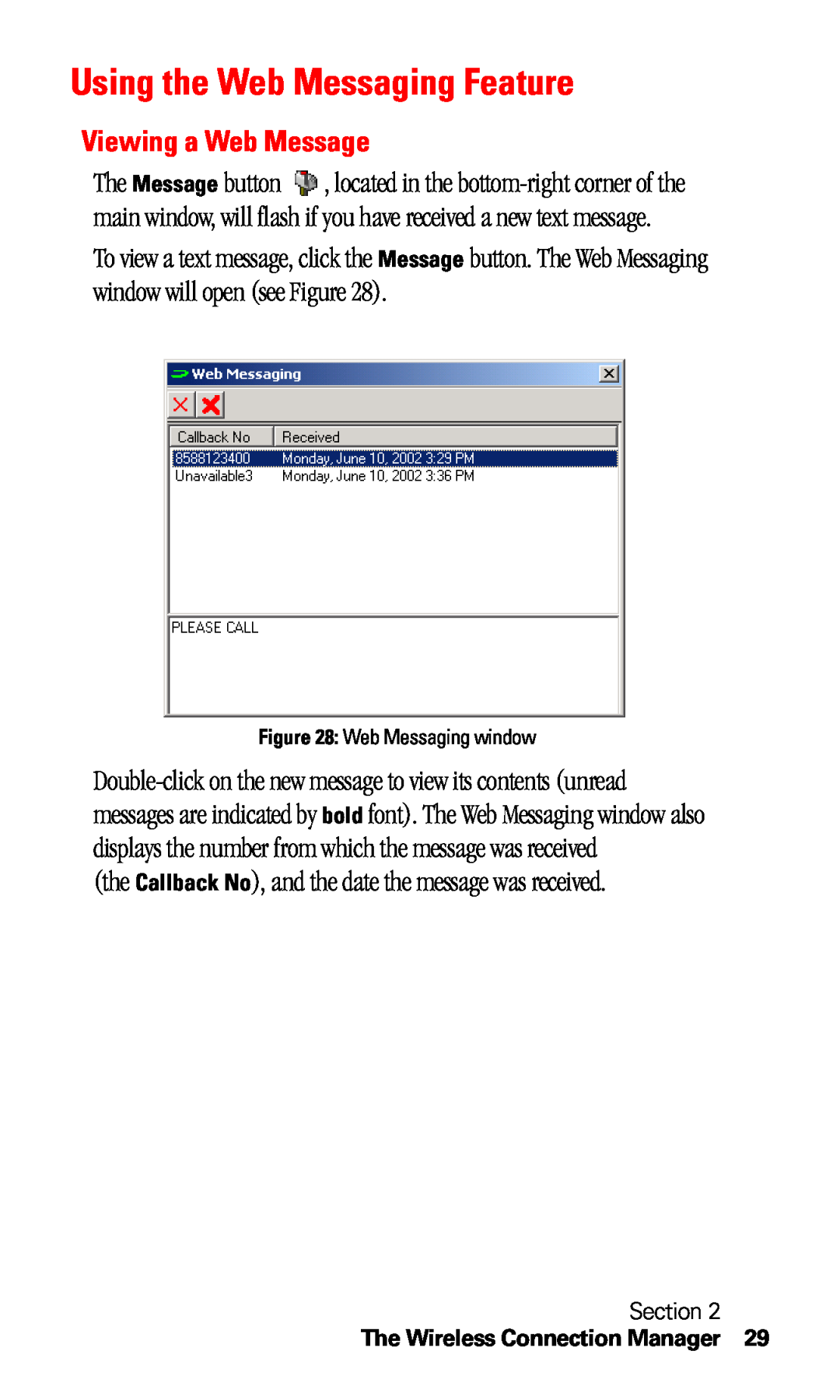 Sprint Nextel C201 manual Using the Web Messaging Feature, Viewing a Web Message, The Wireless Connection Manager 