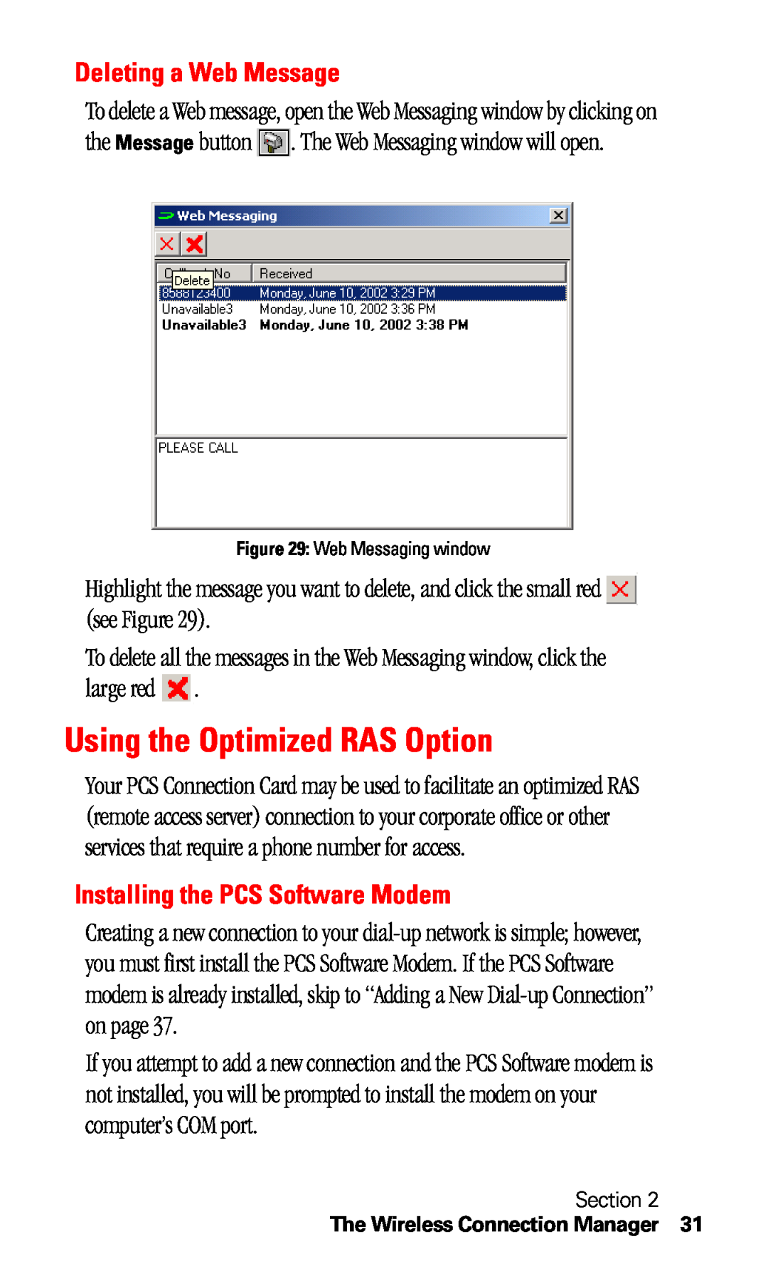 Sprint Nextel C201 manual Using the Optimized RAS Option, Deleting a Web Message, Installing the PCS Software Modem 
