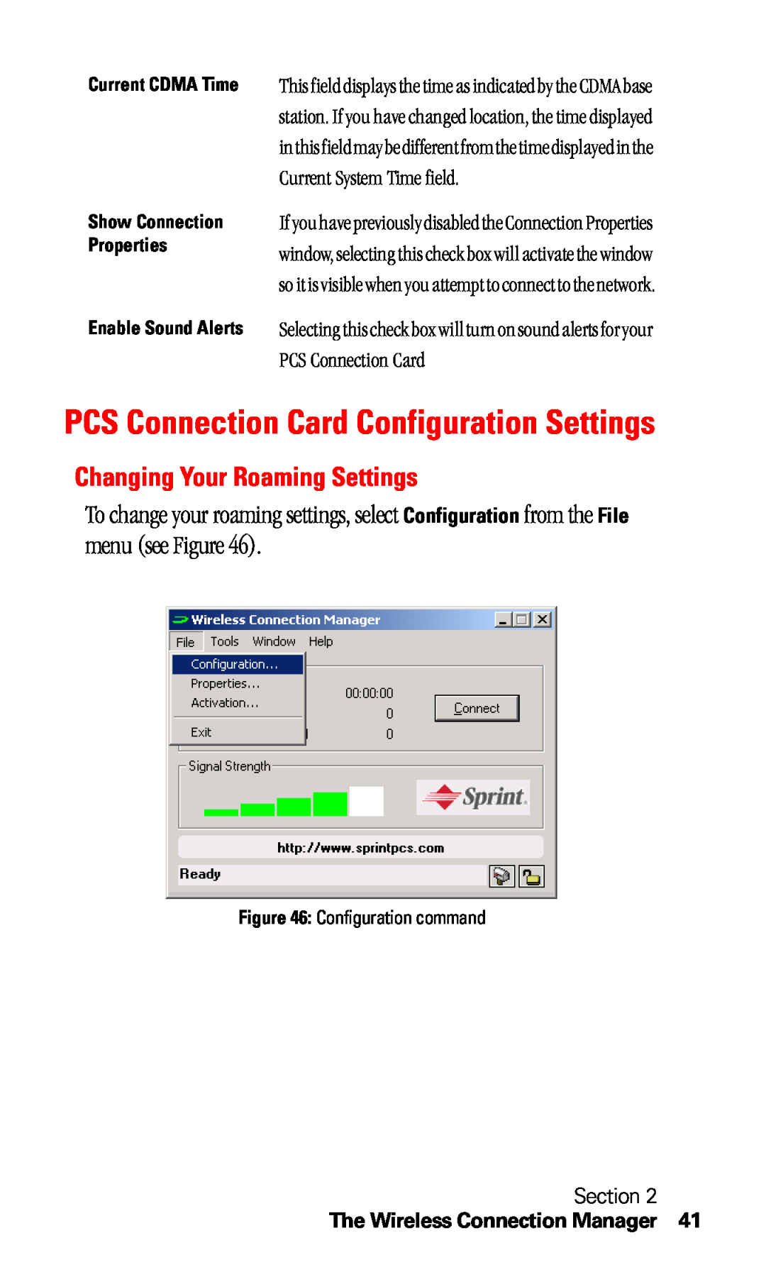 Sprint Nextel C201 PCS Connection Card Configuration Settings, Changing Your Roaming Settings, Section, Current CDMA Time 