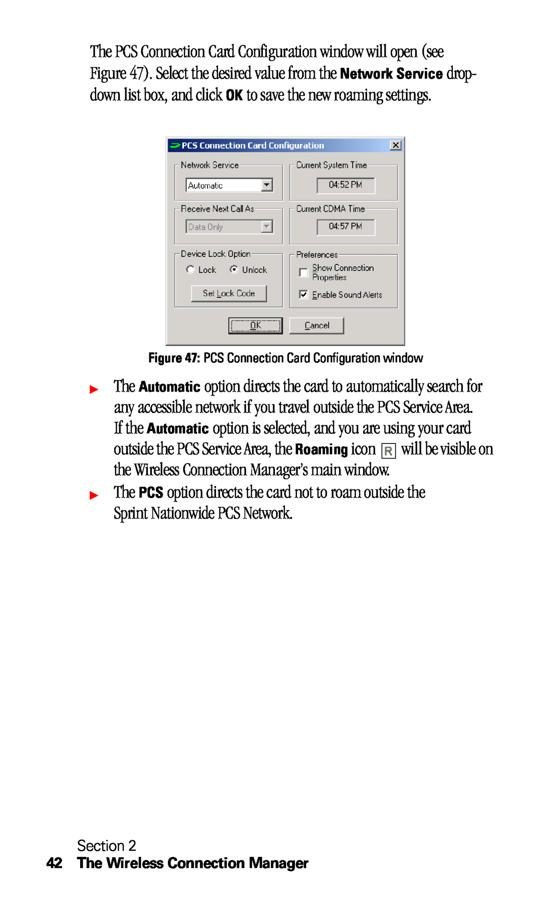 Sprint Nextel C201 manual The Wireless Connection Manager, Section, PCS Connection Card Configuration window 