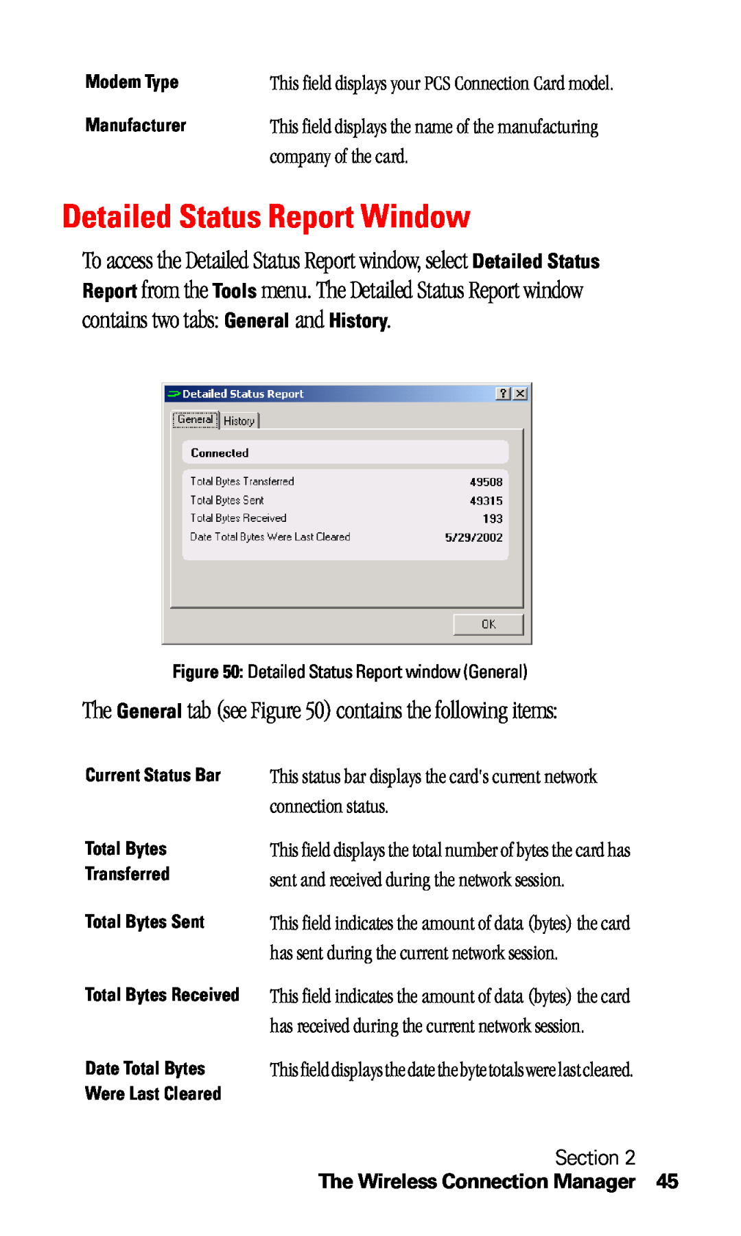 Sprint Nextel C201 Detailed Status Report Window, The General tab see contains the following items, company of the card 