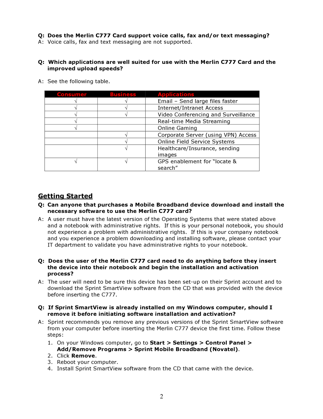 Sprint Nextel c7777 installation instructions Getting Started, Consumer Business Applications 