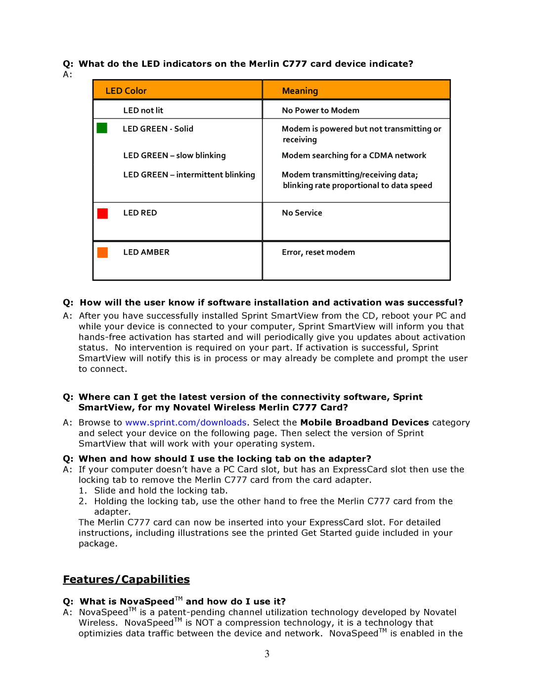 Sprint Nextel c7777 installation instructions Features/Capabilities, LED Color Meaning 