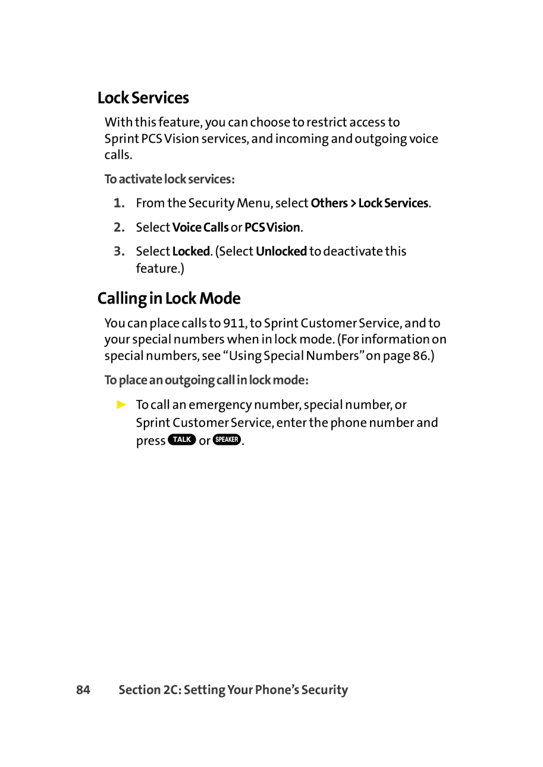 Sprint Nextel Cell Phone manual Lock Services, Calling in Lock Mode, Toactivatelockservices, Select VoiceCalls or PCSVision 