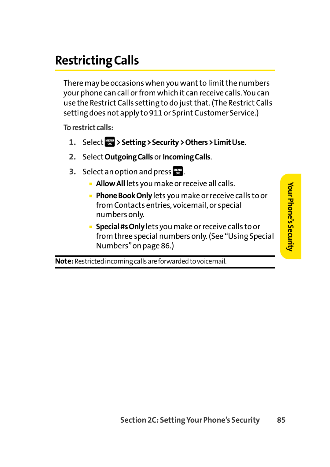 Sprint Nextel Cell Phone manual Restricting Calls, Torestrictcalls 