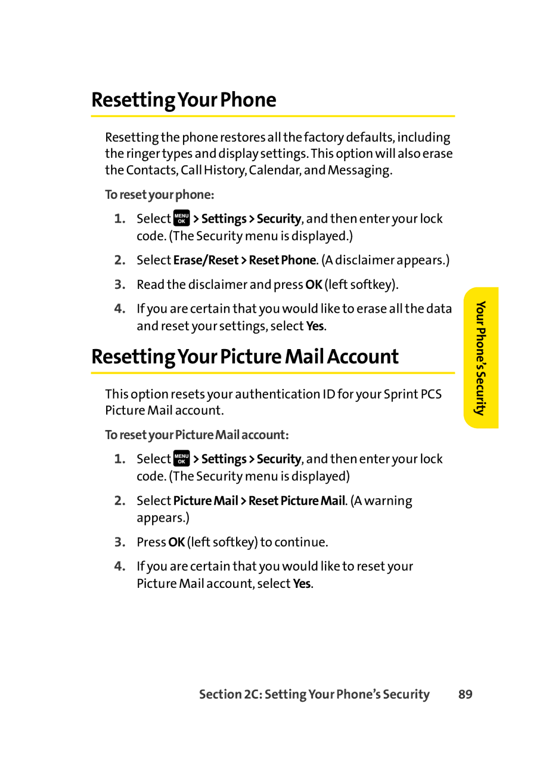 Sprint Nextel Cell Phone manual ResettingYour Phone, ResettingYour Picture Mail Account, Toresetyourphone 