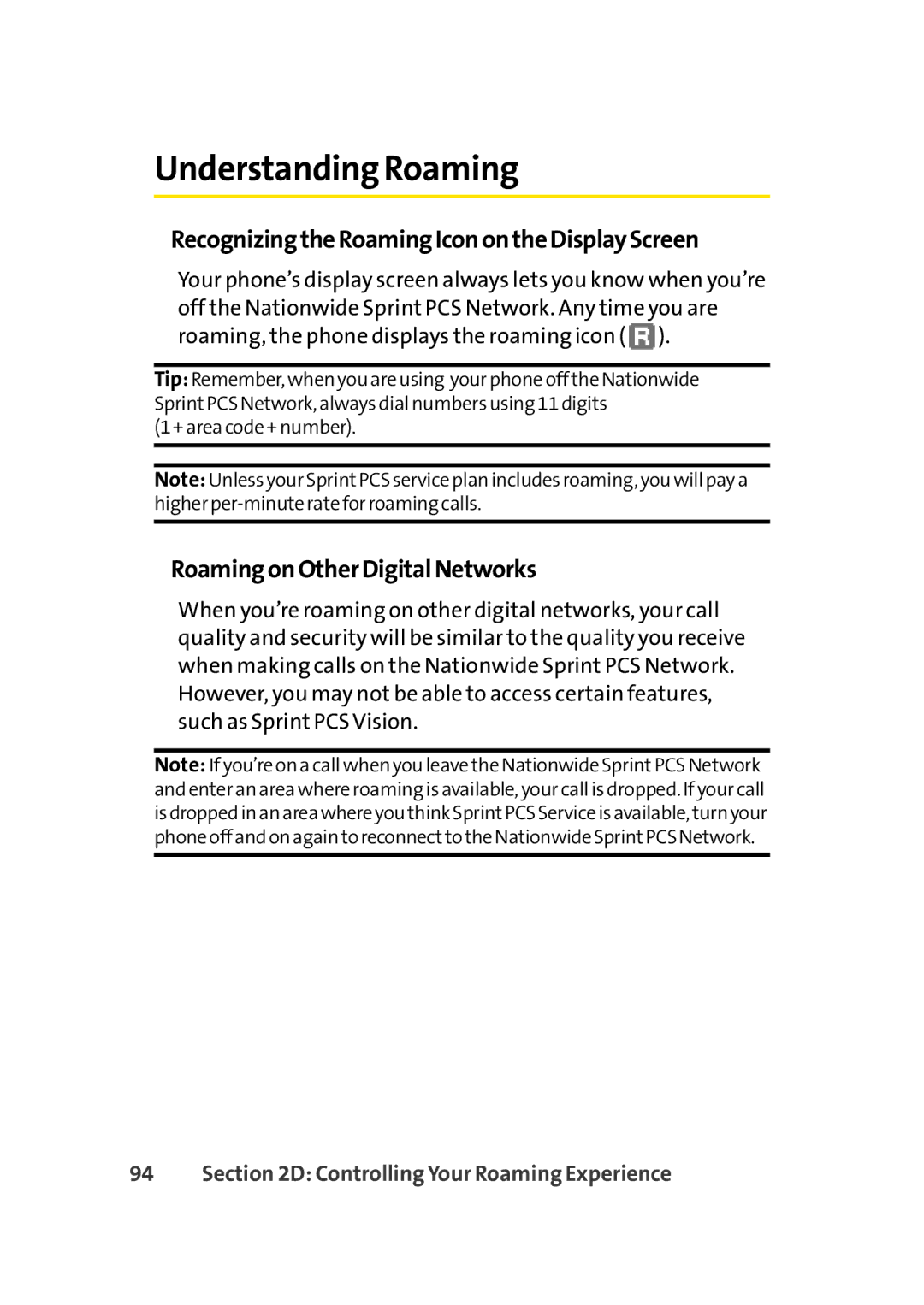 Sprint Nextel Cell Phone Understanding Roaming, RecognizingtheRoamingIconontheDisplayScreen, RoamingonOtherDigitalNetworks 