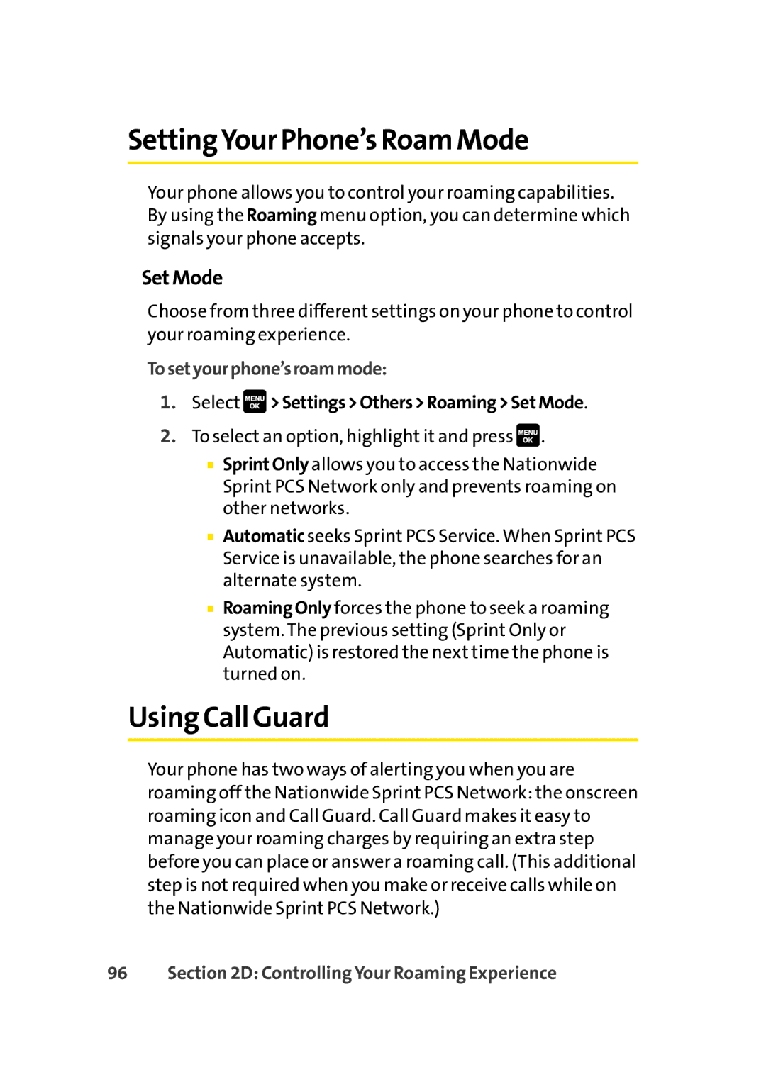 Sprint Nextel Cell Phone manual SettingYour Phone’s Roam Mode, Using Call Guard, Set Mode, Tosetyourphone’sroammode 