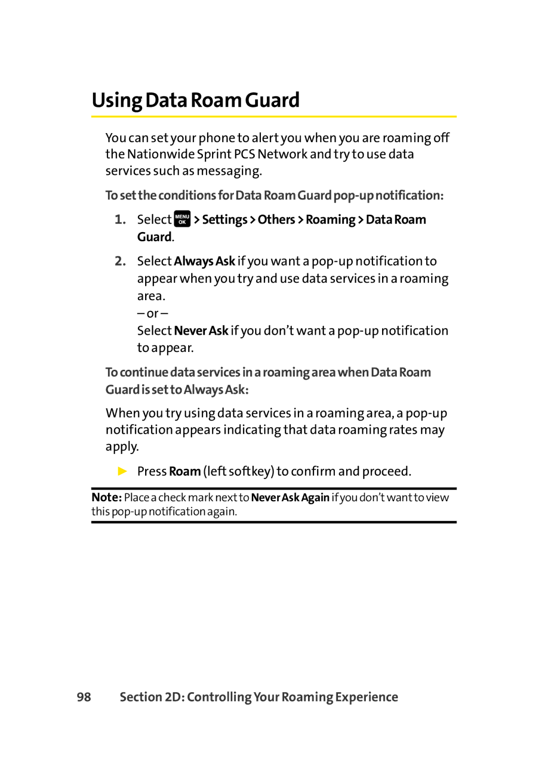 Sprint Nextel Cell Phone manual Using Data Roam Guard, TosettheconditionsforDataRoamGuardpop-upnotification 