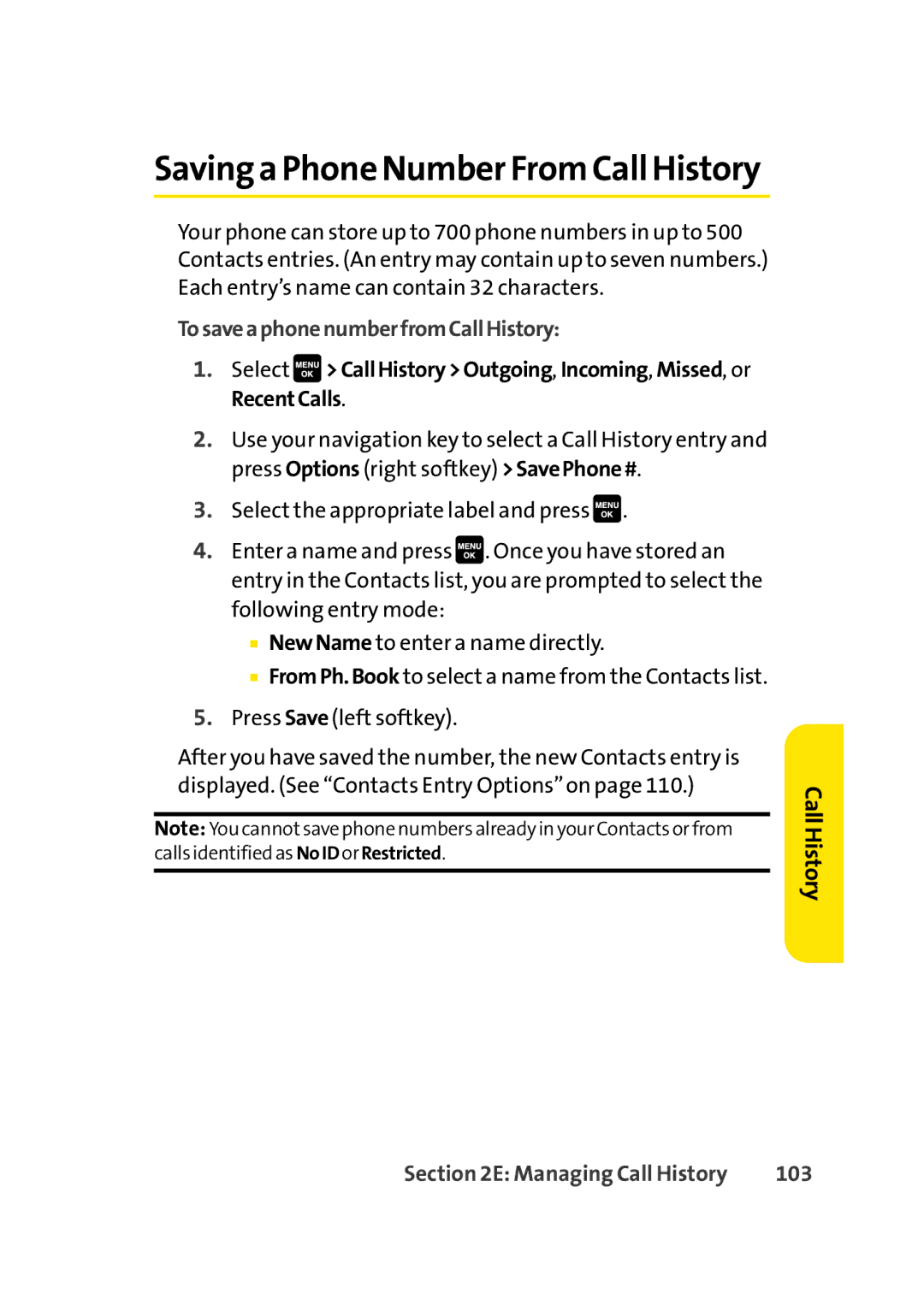 Sprint Nextel Cell Phone manual TosaveaphonenumberfromCallHistory, 103 