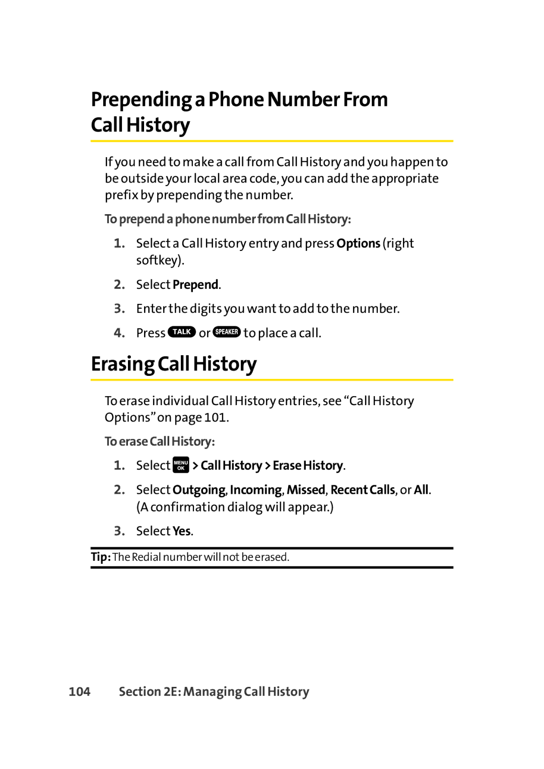 Sprint Nextel Cell Phone manual Prepending a Phone Number From Call History, Erasing Call History, ToeraseCallHistory 