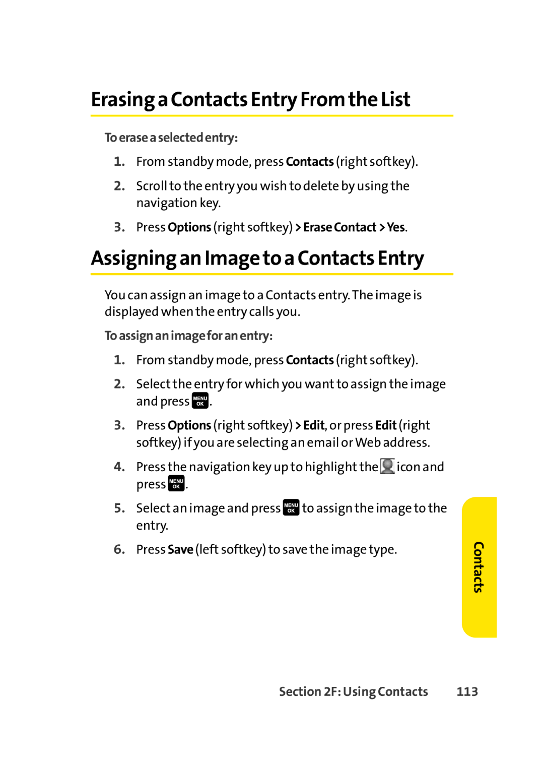 Sprint Nextel Cell Phone manual Erasing a Contacts Entry From the List, Assigning an Image to a Contacts Entry, 113 