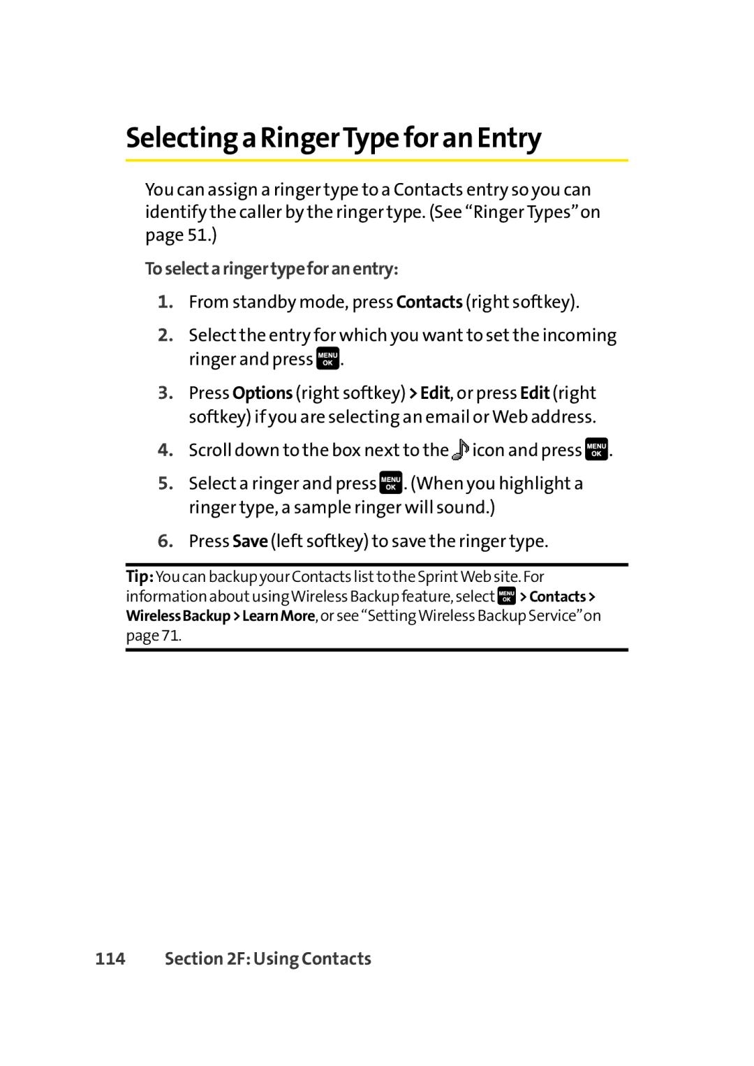 Sprint Nextel Cell Phone manual Selecting a RingerType for an Entry, Toselectaringertypeforanentry 