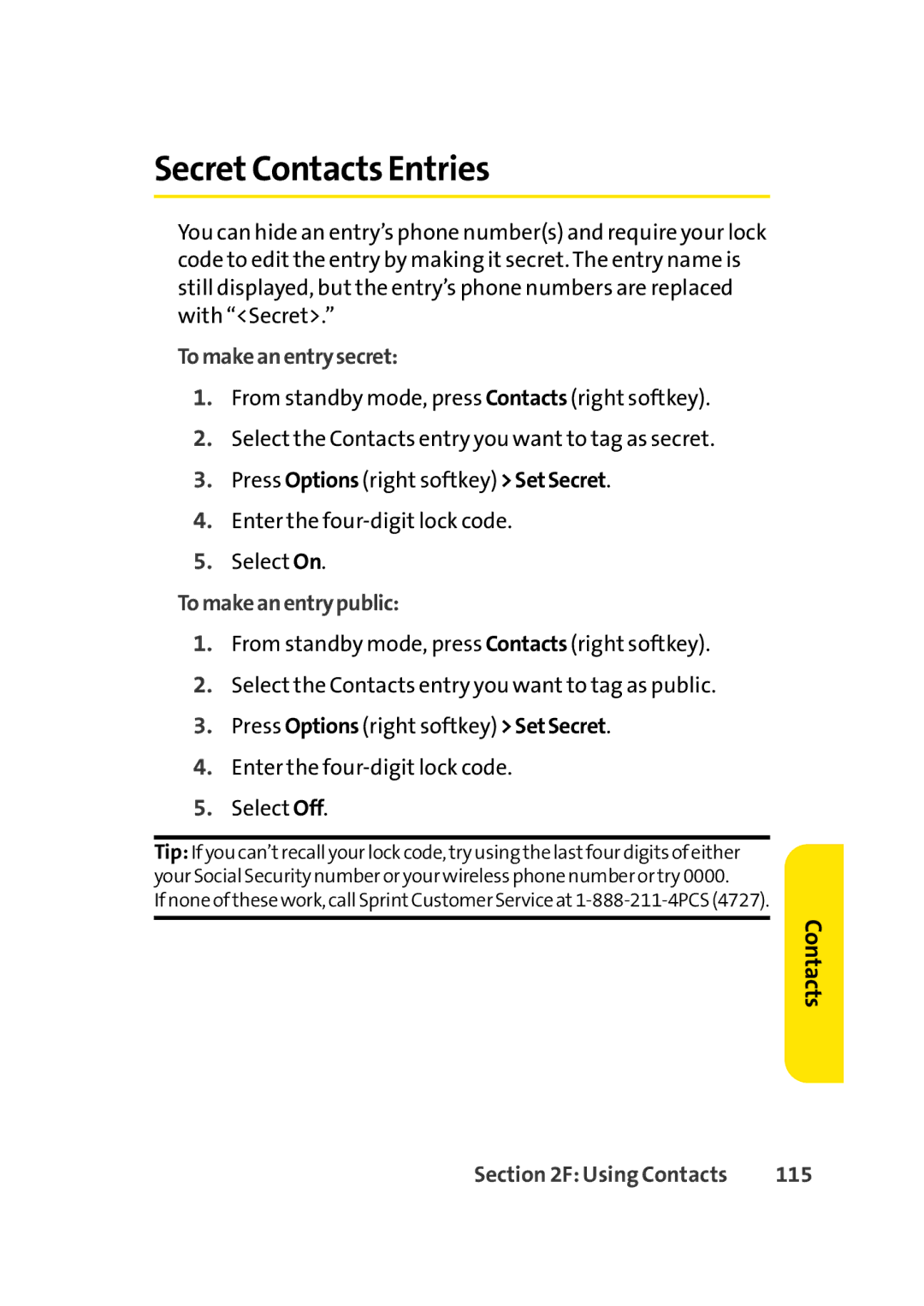 Sprint Nextel Cell Phone manual SecretContacts Entries, Tomakeanentrysecret, Tomakeanentrypublic, 115 