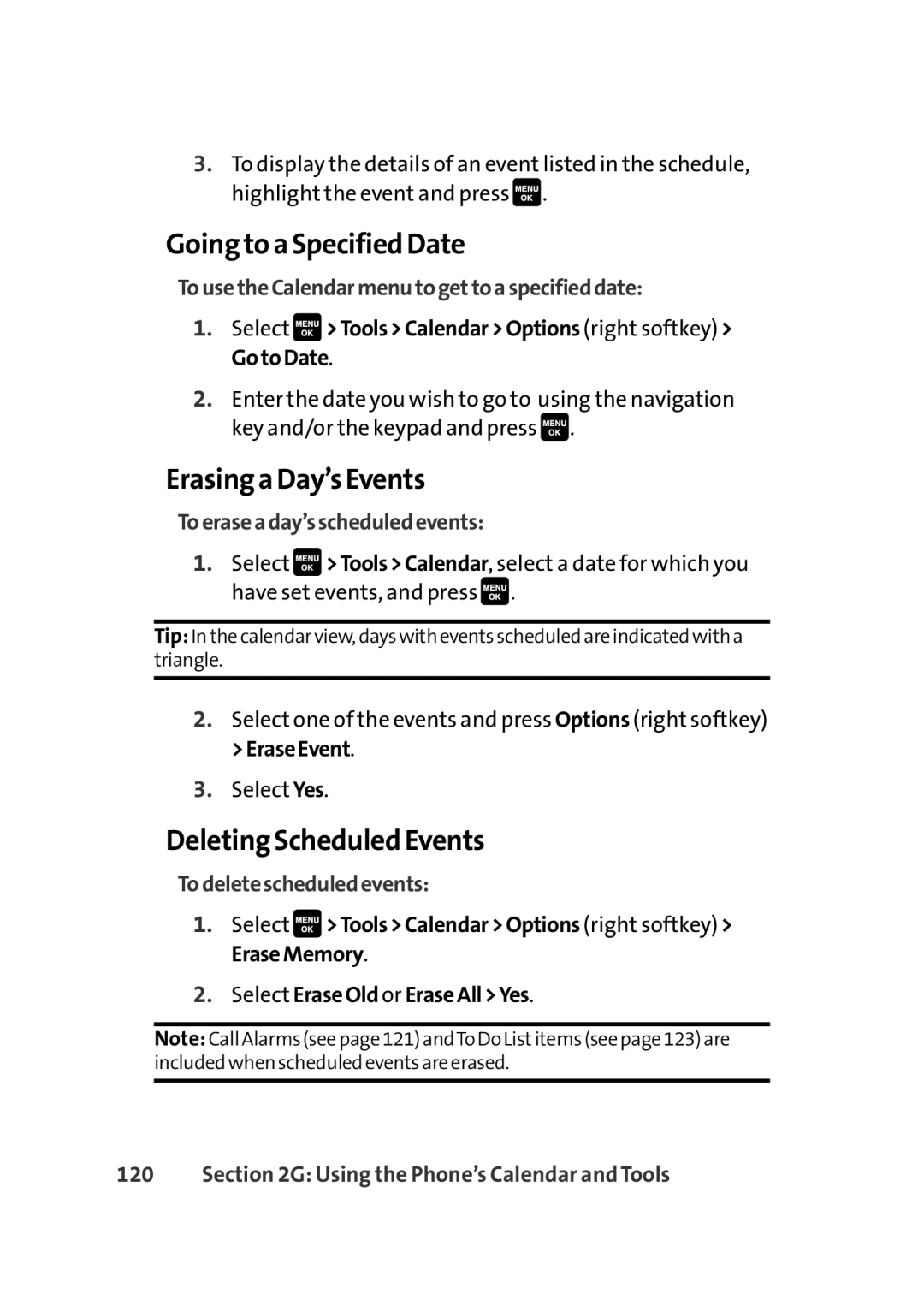 Sprint Nextel Cell Phone manual Going to a Specified Date, Erasing a Day’s Events, Deleting Scheduled Events 