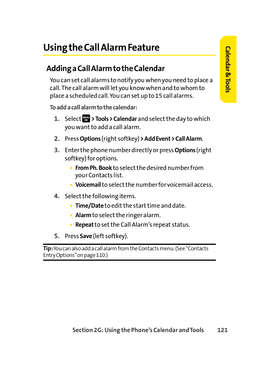 Sprint Nextel Cell Phone Using the Call Alarm Feature, Adding a Call Alarm to the Calendar, Toaddacallalarmtothecalendar 