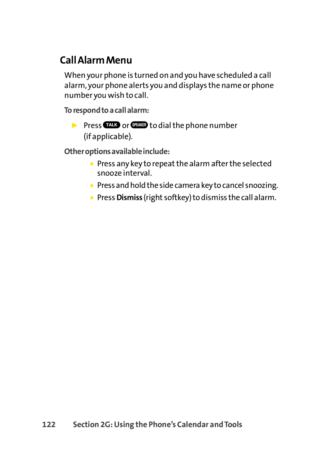 Sprint Nextel Cell Phone manual Call Alarm Menu, Torespondtoacallalarm, Otheroptionsavailableinclude 