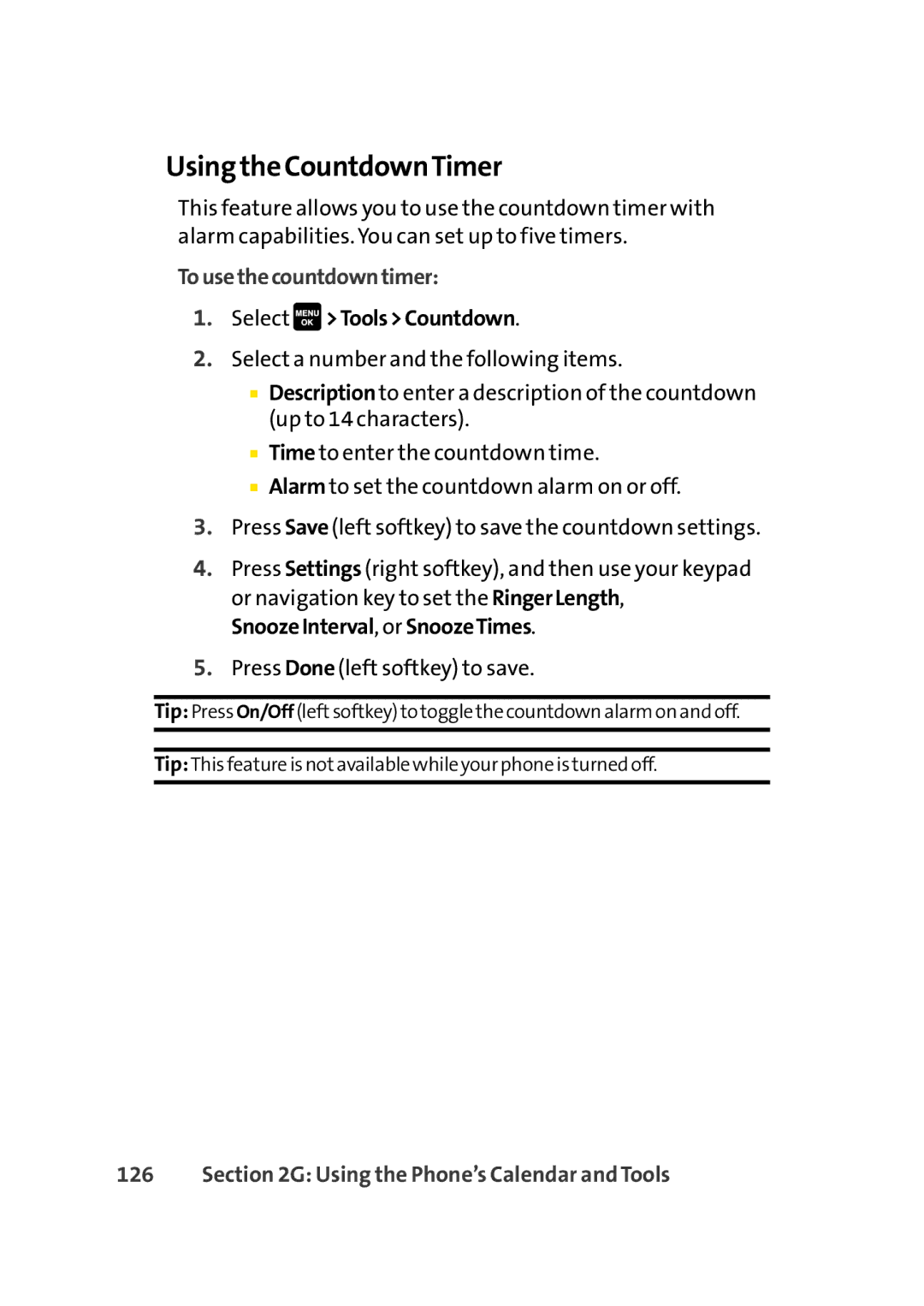 Sprint Nextel Cell Phone manual Using the CountdownTimer, Tousethecountdowntimer, Select ToolsCountdown 