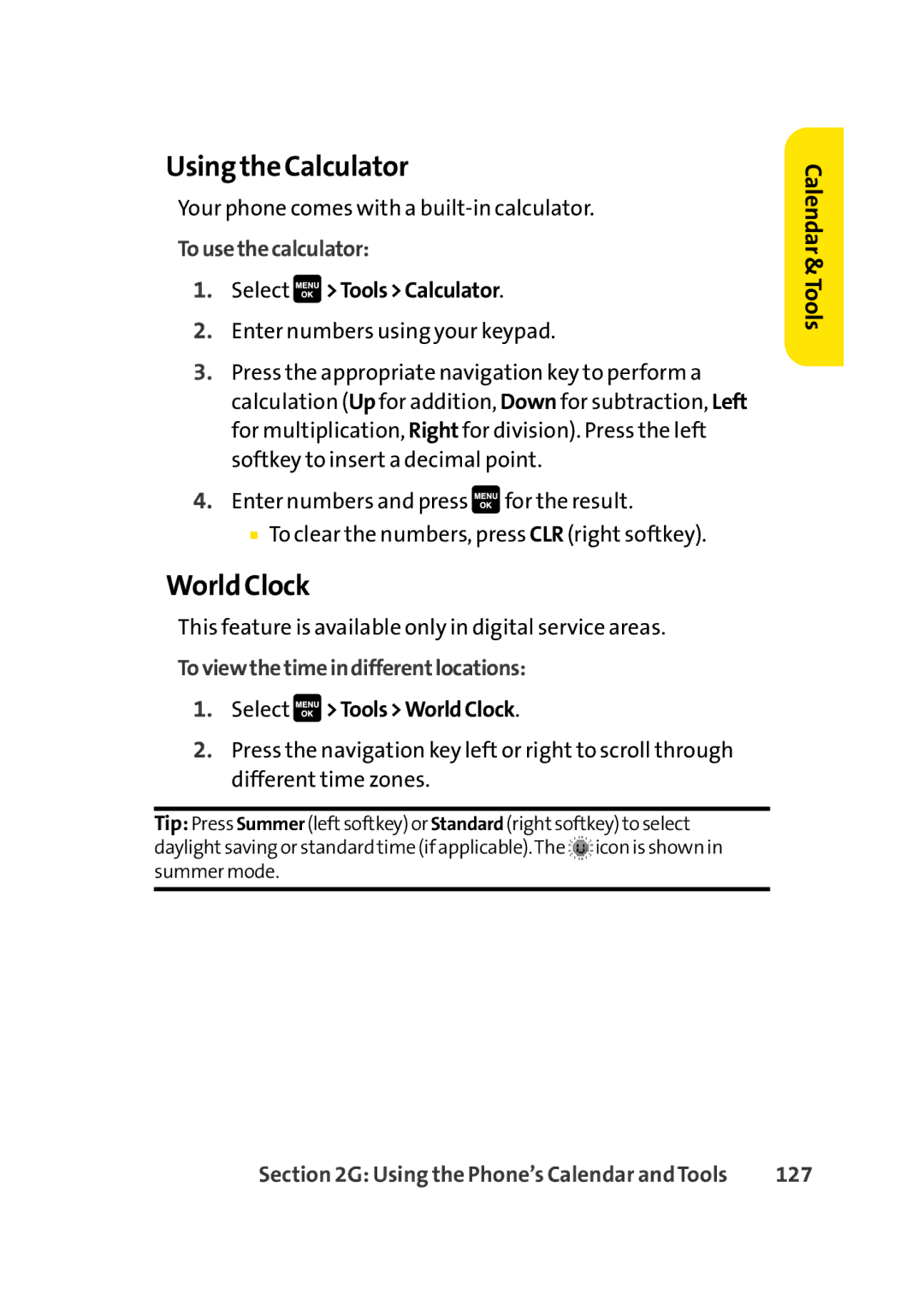 Sprint Nextel Cell Phone Using the Calculator, World Clock, Tousethecalculator, Toviewthetimeindifferentlocations, 127 