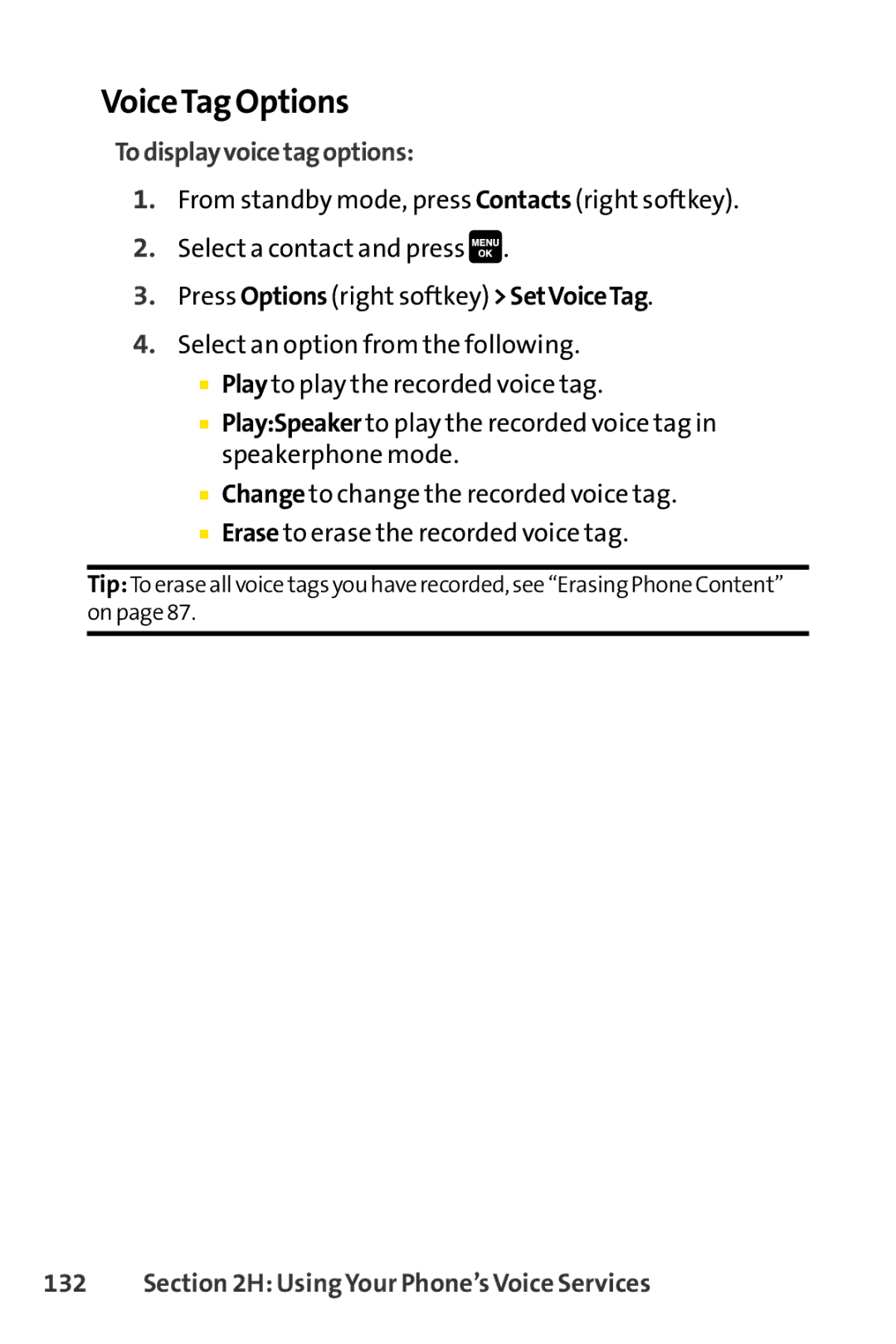 Sprint Nextel Cell Phone manual VoiceTag Options, To display voice tag options 