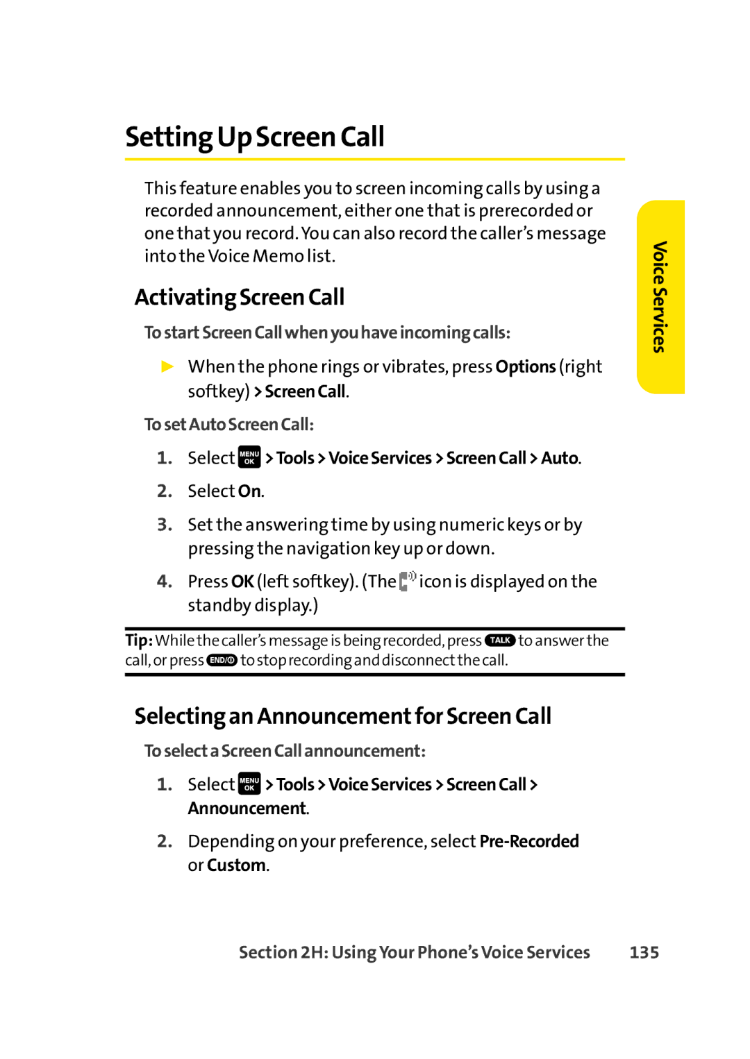 Sprint Nextel Cell Phone manual Setting Up Screen Call, Activating Screen Call, Selecting an Announcementfor Screen Call 