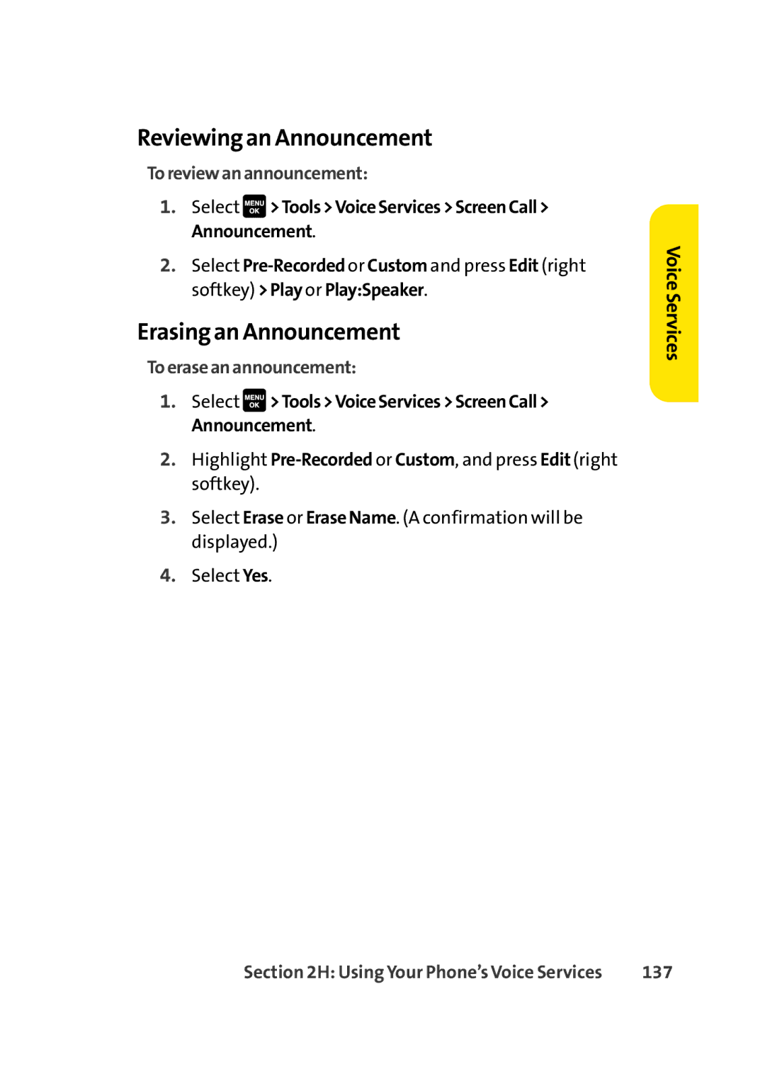 Sprint Nextel Cell Phone Reviewing an Announcement, Erasing an Announcement, Toreviewanannouncement, Toeraseanannouncement 