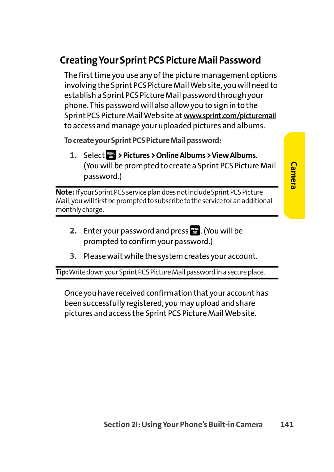 Sprint Nextel Cell Phone manual CreatingYour SprintPCS Picture Mail Password, TocreateyourSprintPCSPictureMailpassword, 141 