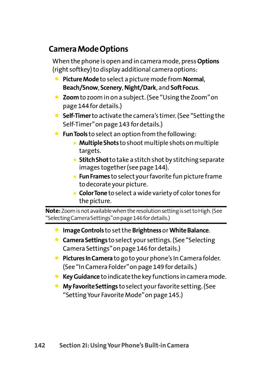 Sprint Nextel Cell Phone manual Camera Mode Options, ImageControls to set the Brightness or WhiteBalance 