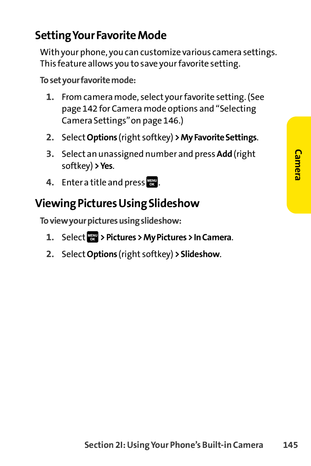 Sprint Nextel Cell Phone manual SettingYour Favorite Mode, Viewing Pictures Using Slideshow, To setyour favorite mode, 145 