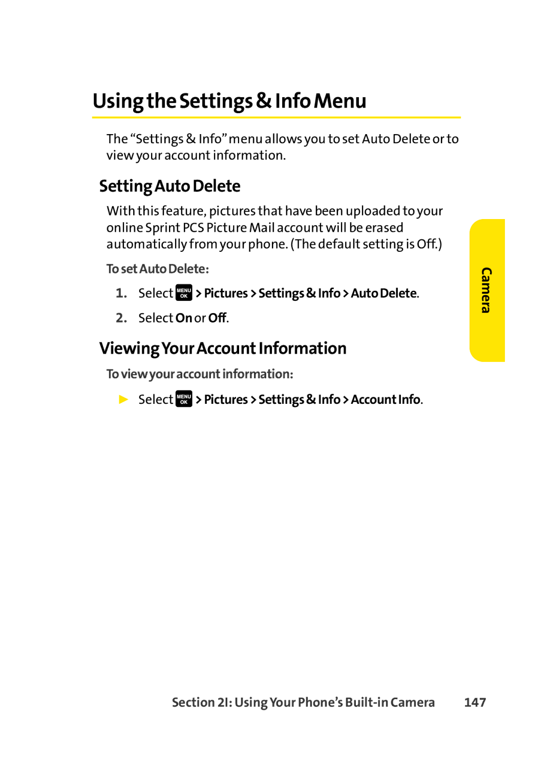 Sprint Nextel Cell Phone manual Using the Settings & Info Menu, Setting Auto Delete, ViewingYour AccountInformation 