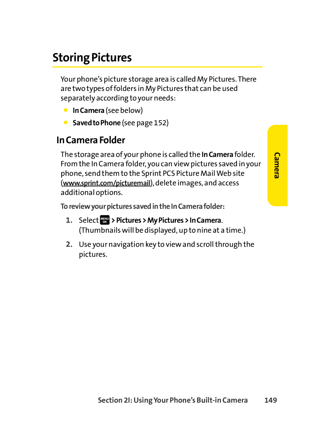 Sprint Nextel Cell Phone manual Storing Pictures, Camera Folder, ToreviewyourpicturessavedintheInCamerafolder, 149 