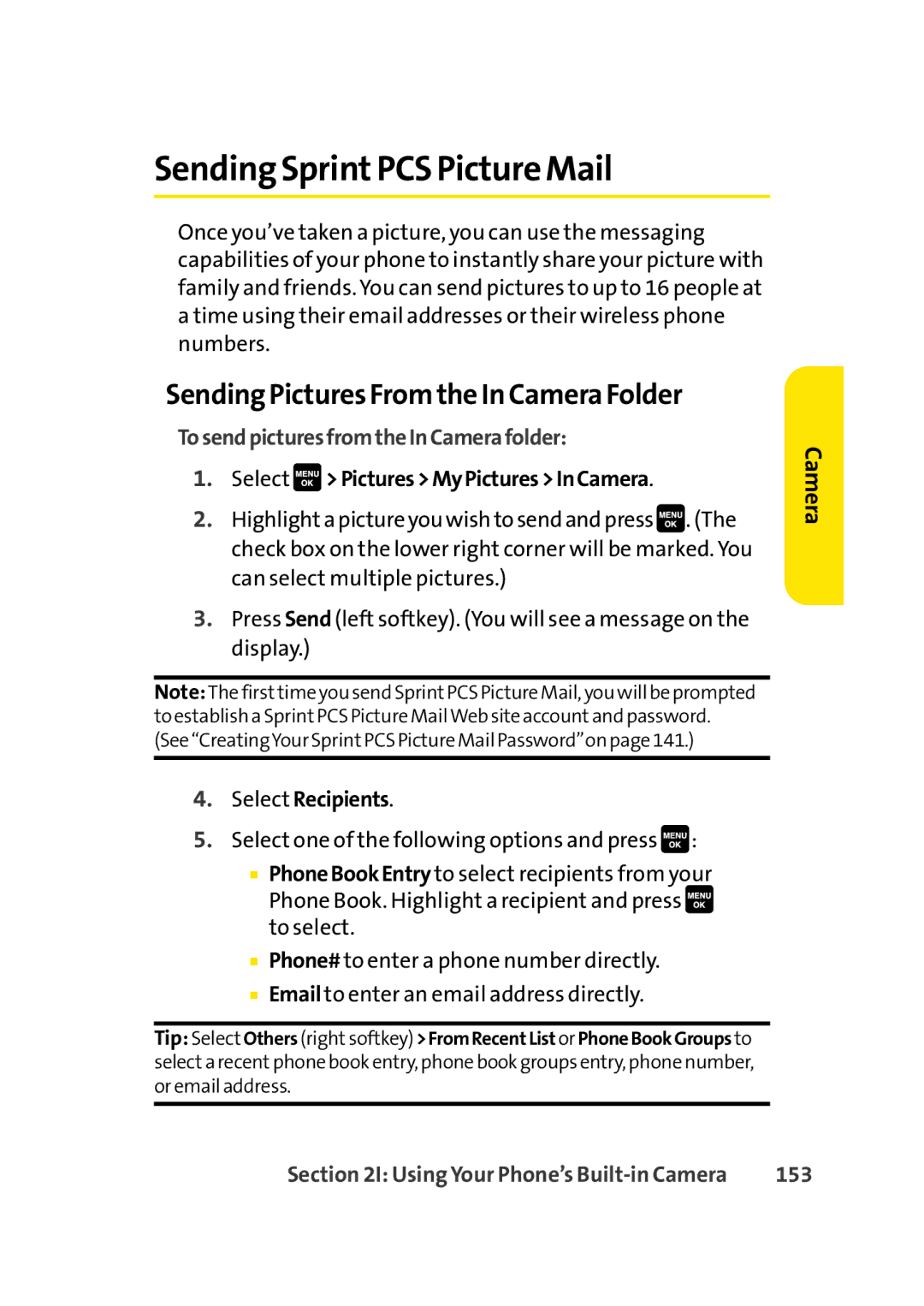 Sprint Nextel Cell Phone manual Sending SprintPCS Picture Mail, Sending Pictures From the In Camera Folder, 153 