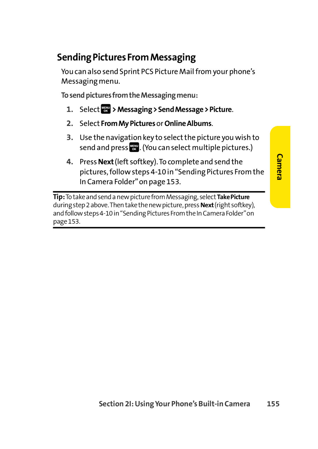 Sprint Nextel Cell Phone manual Sending Pictures From Messaging, TosendpicturesfromtheMessagingmenu, 155 