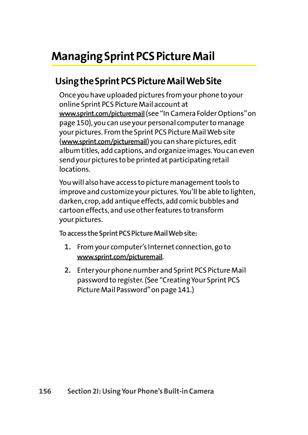 Sprint Nextel Cell Phone manual Managing SprintPCS Picture Mail, Using the SprintPCS Picture MailWeb Site 