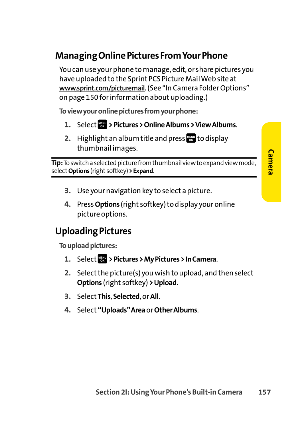 Sprint Nextel Cell Phone manual Managing Online Pictures FromYour Phone, Uploading Pictures, Touploadpictures, 157 