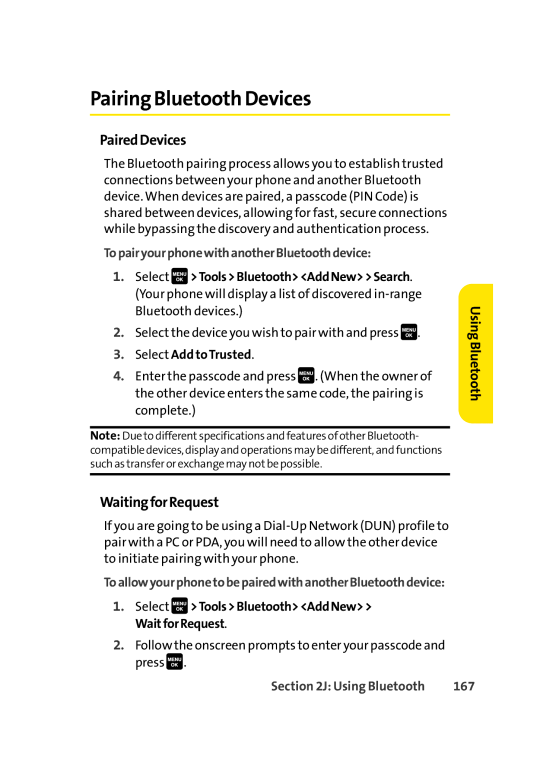 Sprint Nextel Cell Phone manual Pairing Bluetooth Devices, PairedDevices, WaitingforRequest, 167 