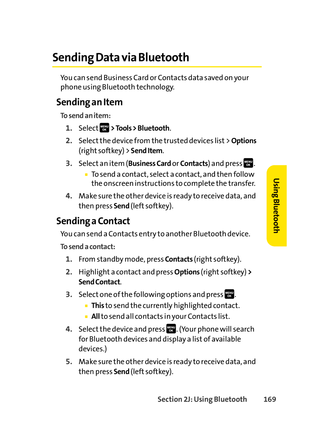 Sprint Nextel Cell Phone manual Sending Data via Bluetooth, Sending an Item, Sending a Contact 