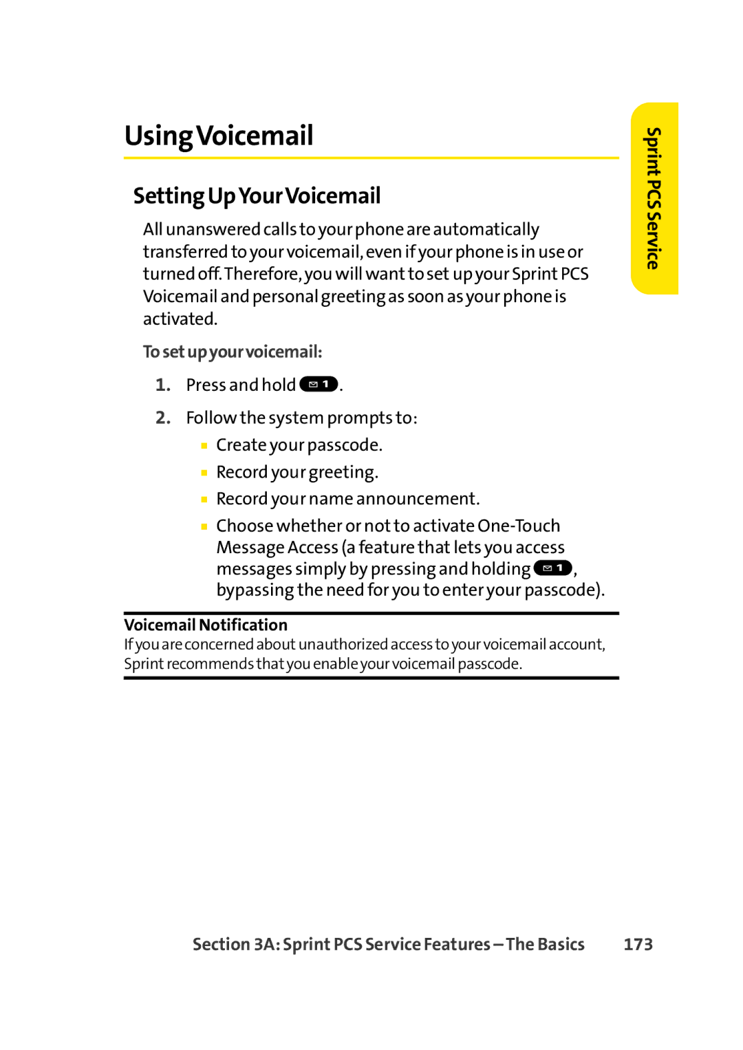 Sprint Nextel Cell Phone manual UsingVoicemail, Setting UpYourVoicemail, Voicemail Notification, 173 