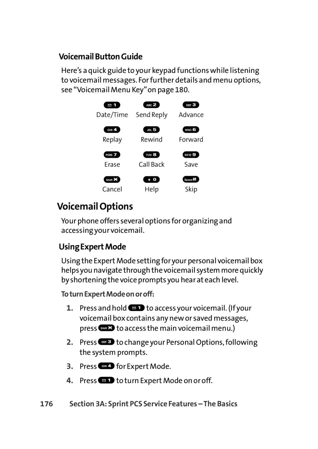 Sprint Nextel Cell Phone manual Voicemail Options, VoicemailButtonGuide, UsingExpertMode, ToturnExpertModeonoroff 