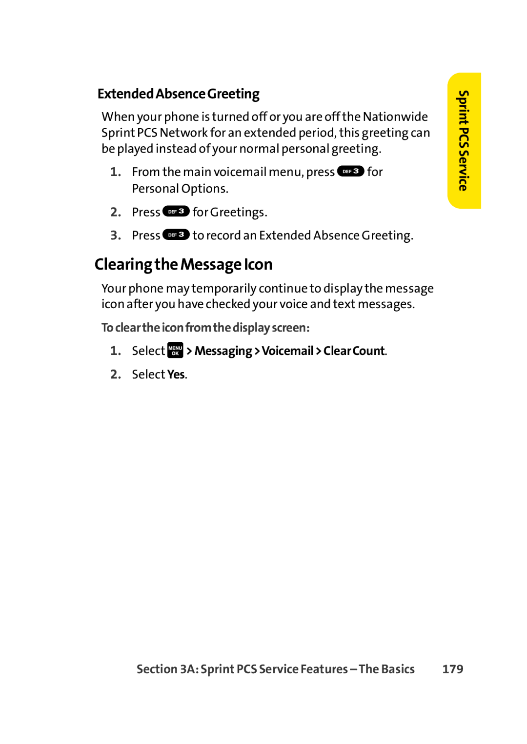 Sprint Nextel Cell Phone manual Clearing the Message Icon, ExtendedAbsenceGreeting, Tocleartheiconfromthedisplayscreen, 179 