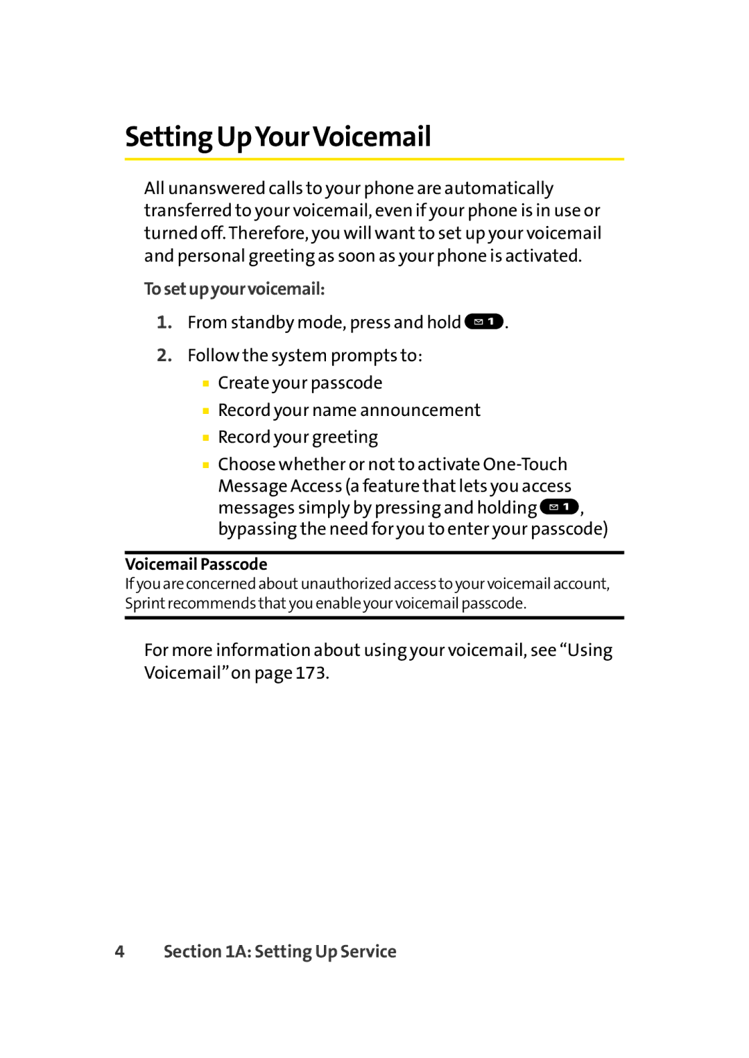 Sprint Nextel Cell Phone manual Setting UpYourVoicemail, Tosetupyourvoicemail, Voicemail Passcode 