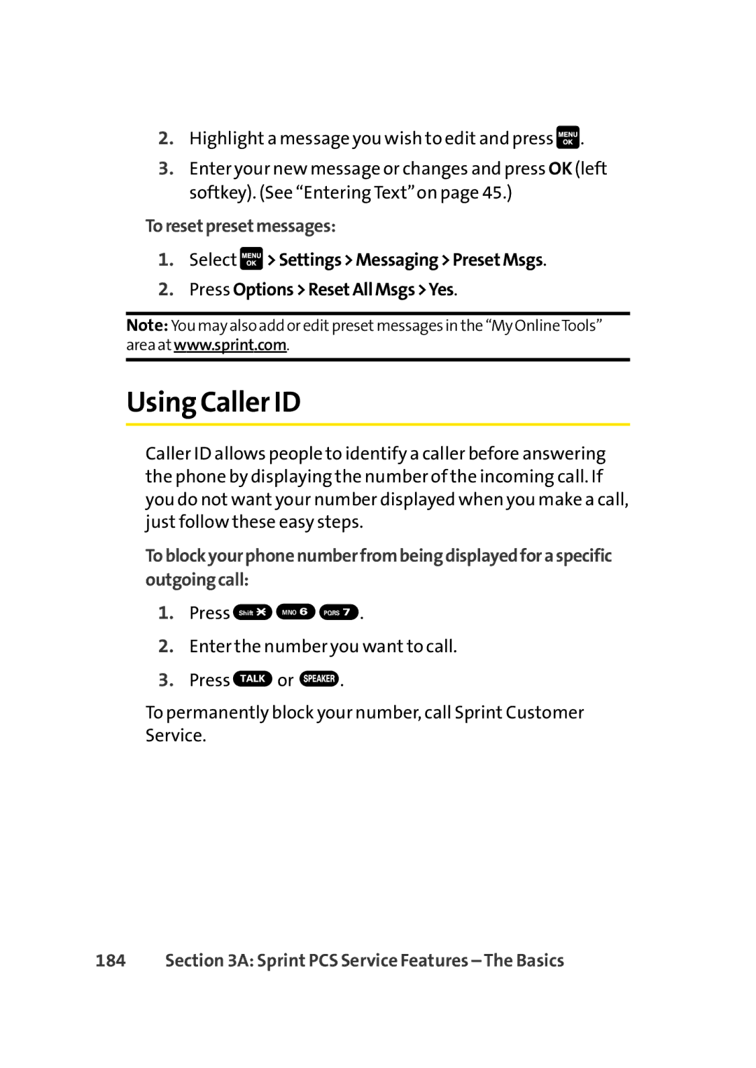 Sprint Nextel Cell Phone manual Using Caller ID, Toresetpresetmessages 