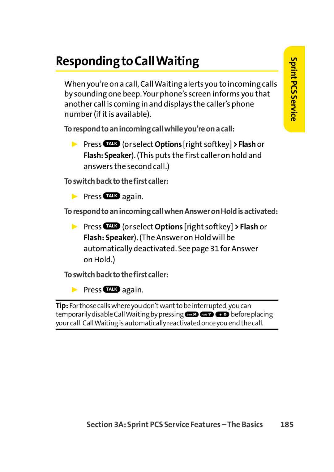 Sprint Nextel Cell Phone manual Responding to CallWaiting, Torespondtoanincomingcallwhileyou’reonacall, 185 