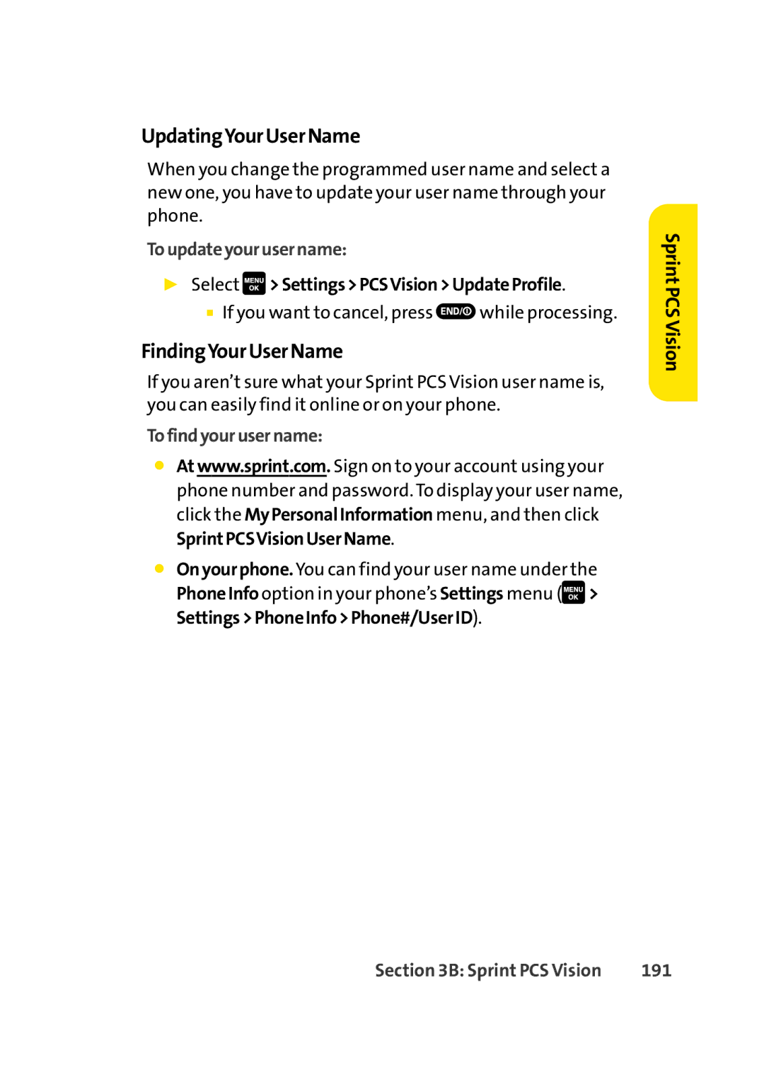 Sprint Nextel Cell Phone manual UpdatingYourUserName, FindingYourUserName, Toupdateyourusername, Tofindyourusername, 191 