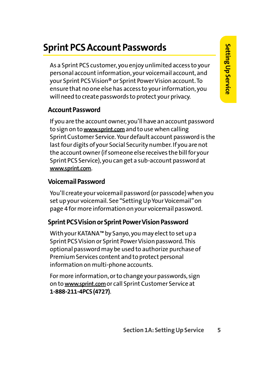 Sprint Nextel Cell Phone manual SprintPCS AccountPasswords, Account Password VoicemailPassword 