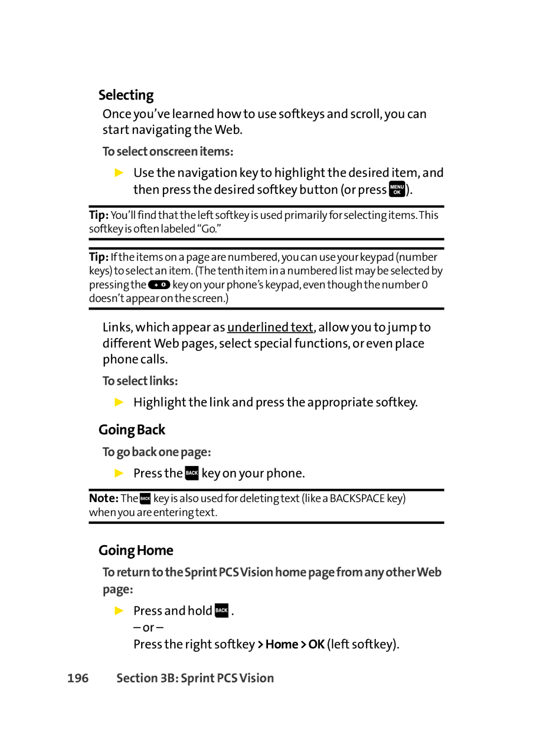 Sprint Nextel Cell Phone manual Selecting, GoingBack, GoingHome 