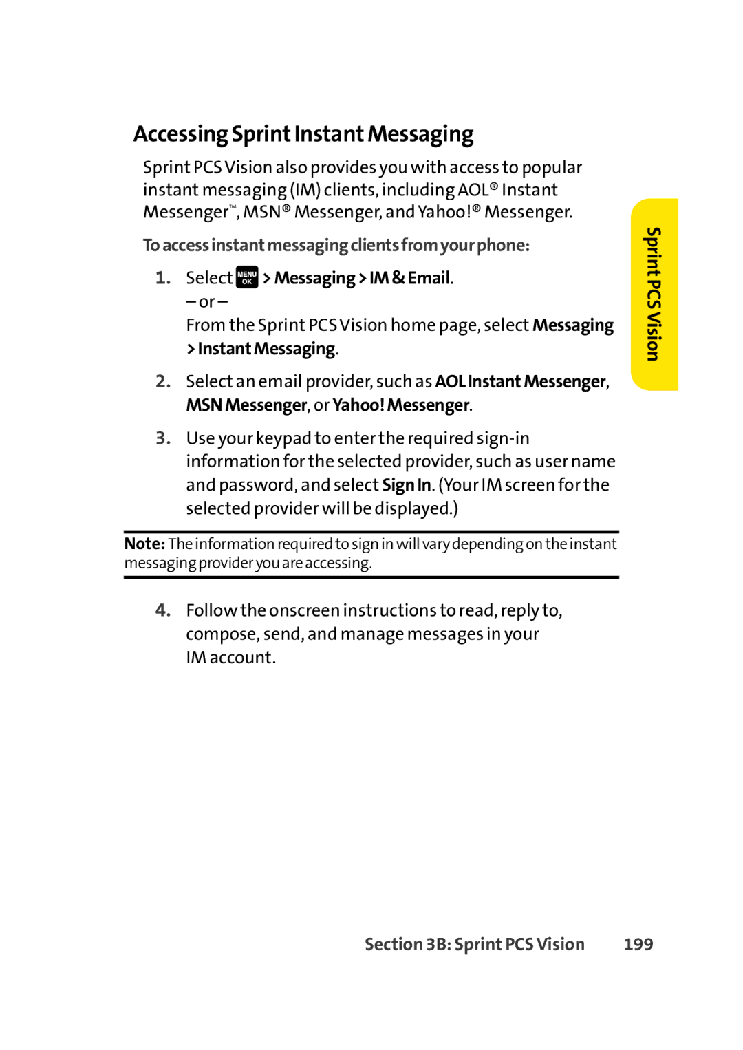 Sprint Nextel Cell Phone manual Accessing SprintInstantMessaging, Toaccessinstantmessagingclientsfromyourphone, 199 